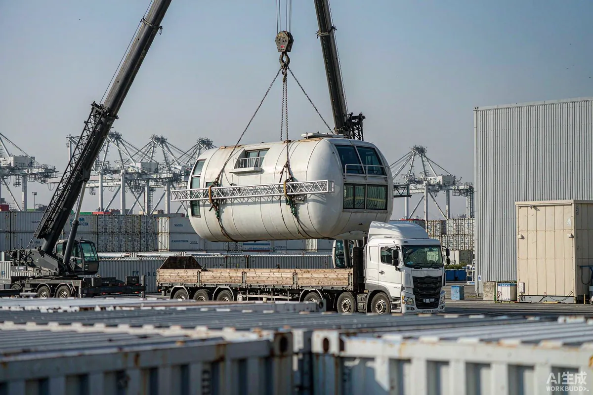 Shipping container with a prefab capsule home being lifted off a truck at a seaport terminal