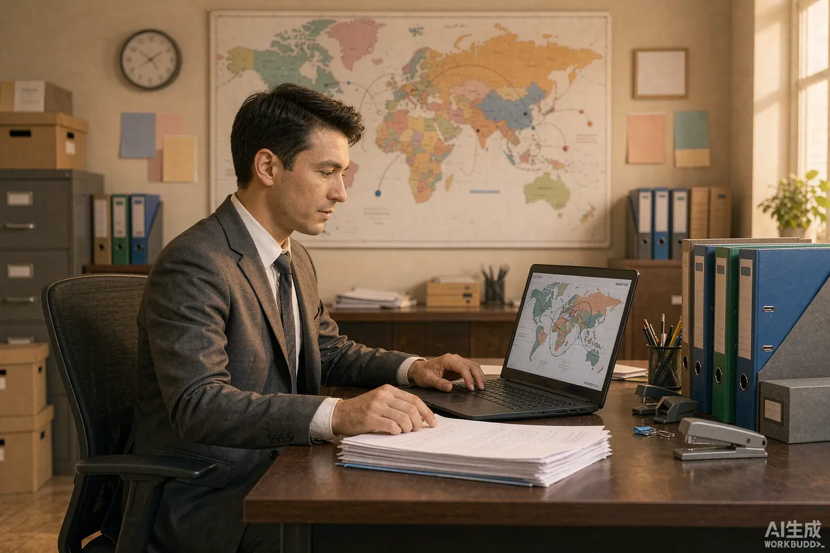 Freight forwarder at a desk with a laptop and a stack of shipping documents