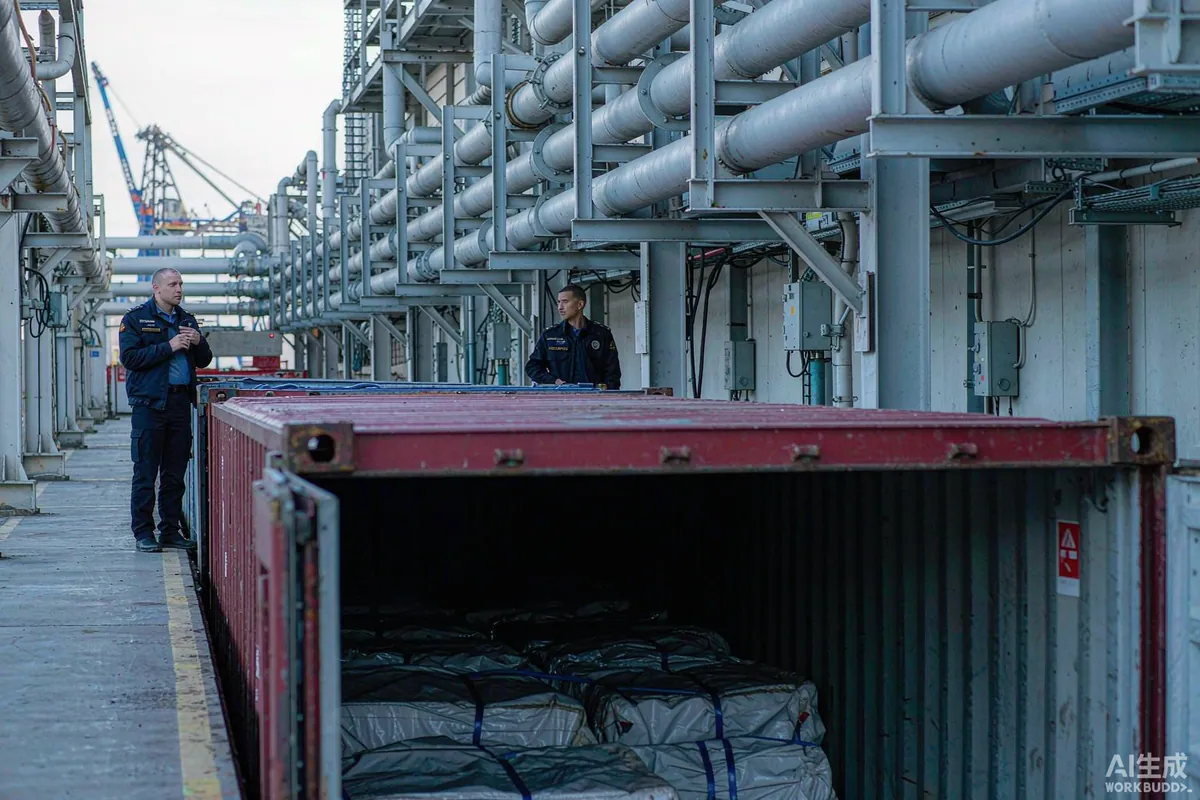 Customs inspection bay at a port with an open container and officers inspecting cargo