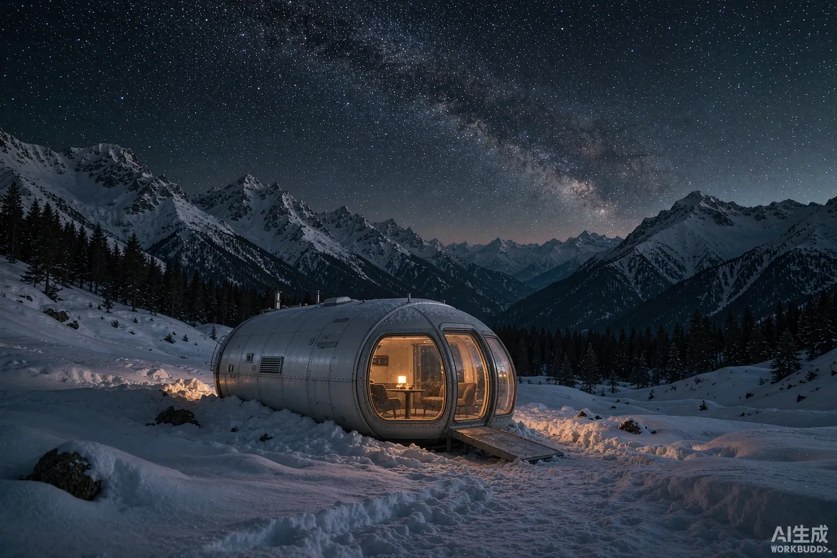 Capsule home glowing warmly in a snowy mountain landscape at night