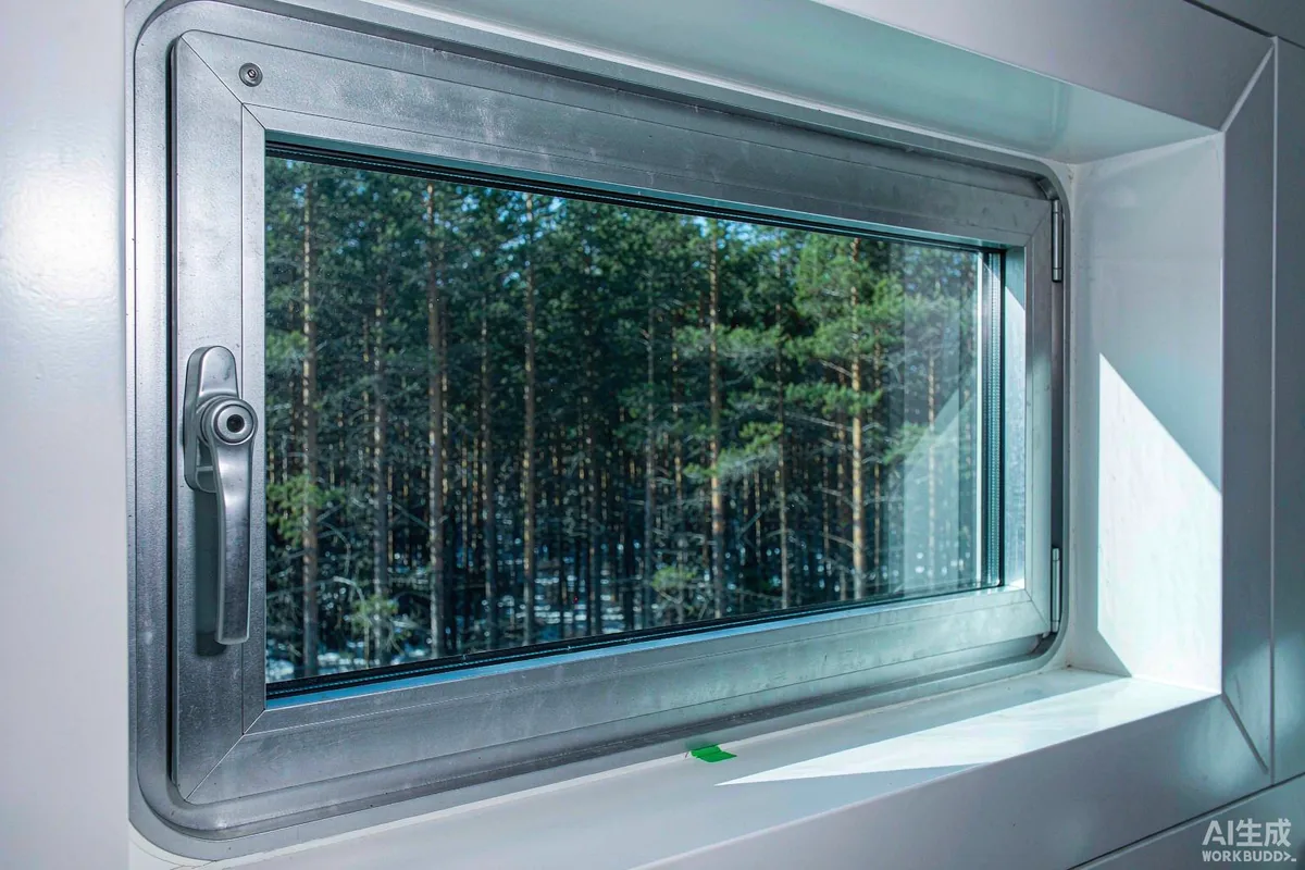 Frost-free panoramic window of a capsule home on a winter morning