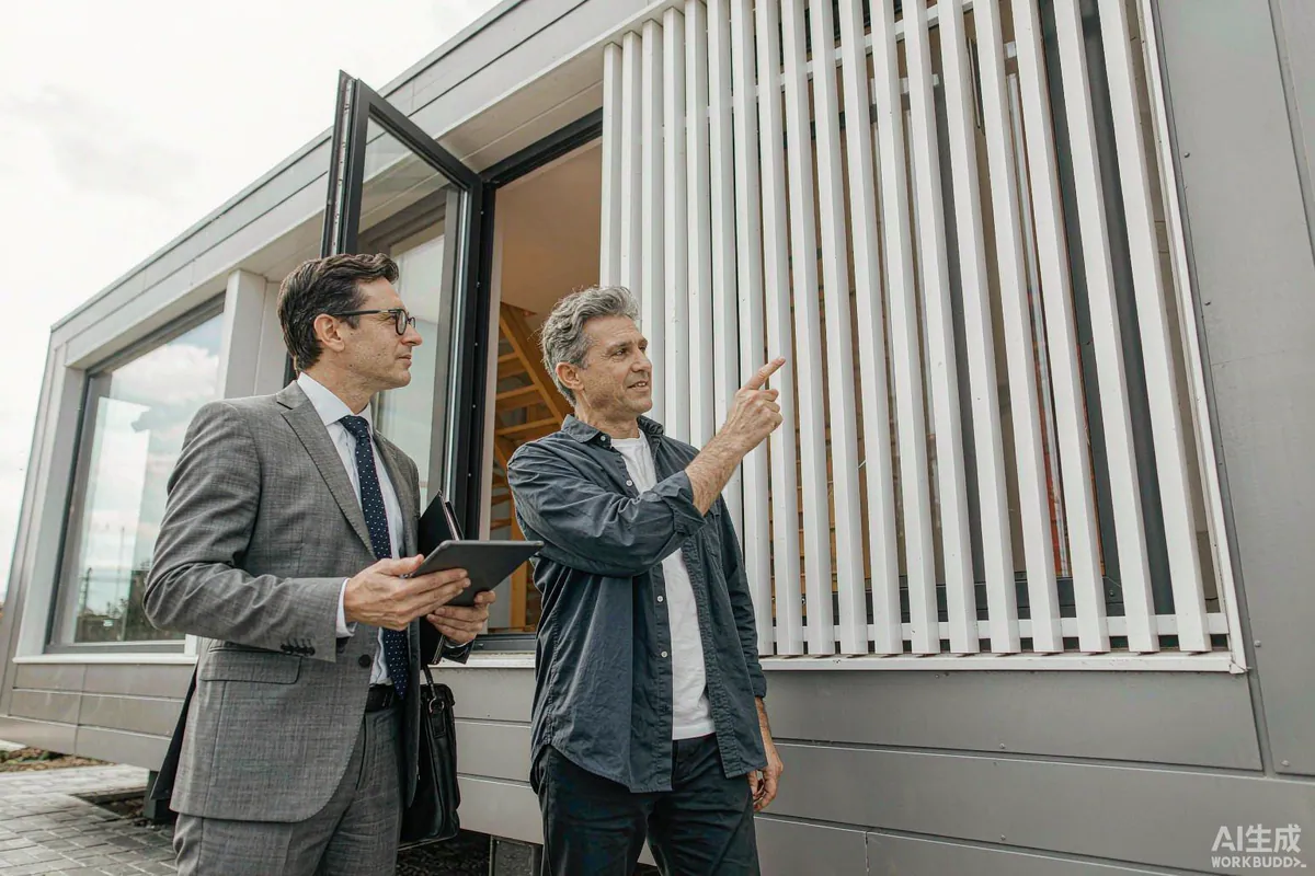 Homeowner and insurance assessor examining the exterior of a capsule home together