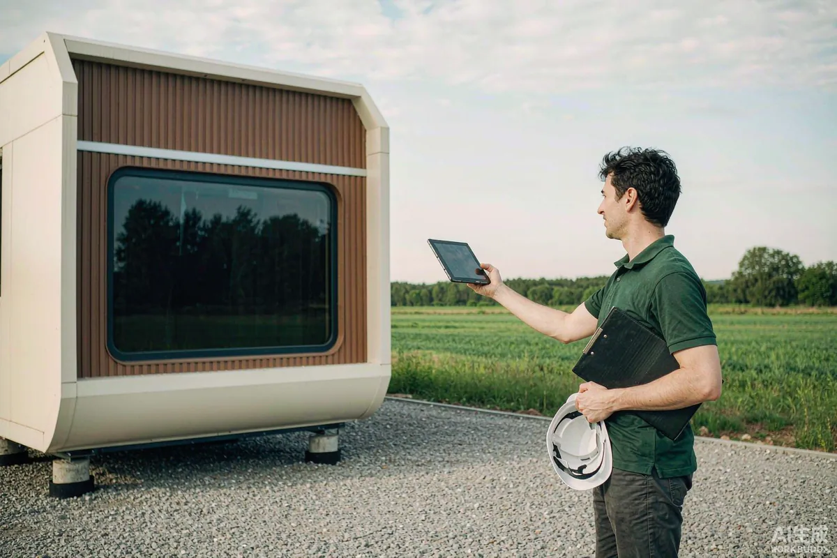 Insurance assessor photographing a prefab capsule home with a tablet for a condition survey