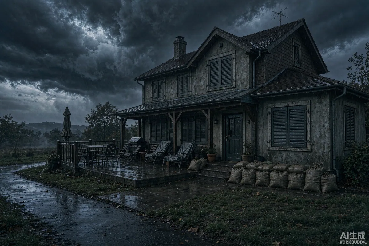 Capsule home prepared for a storm with closed shutters, secured furniture and sandbags