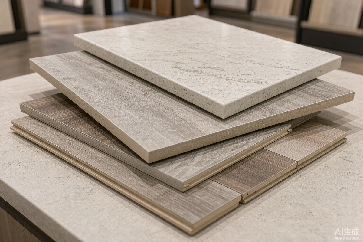 Close up of scratch resistant laminate flooring, wall panel and worktop samples stacked together