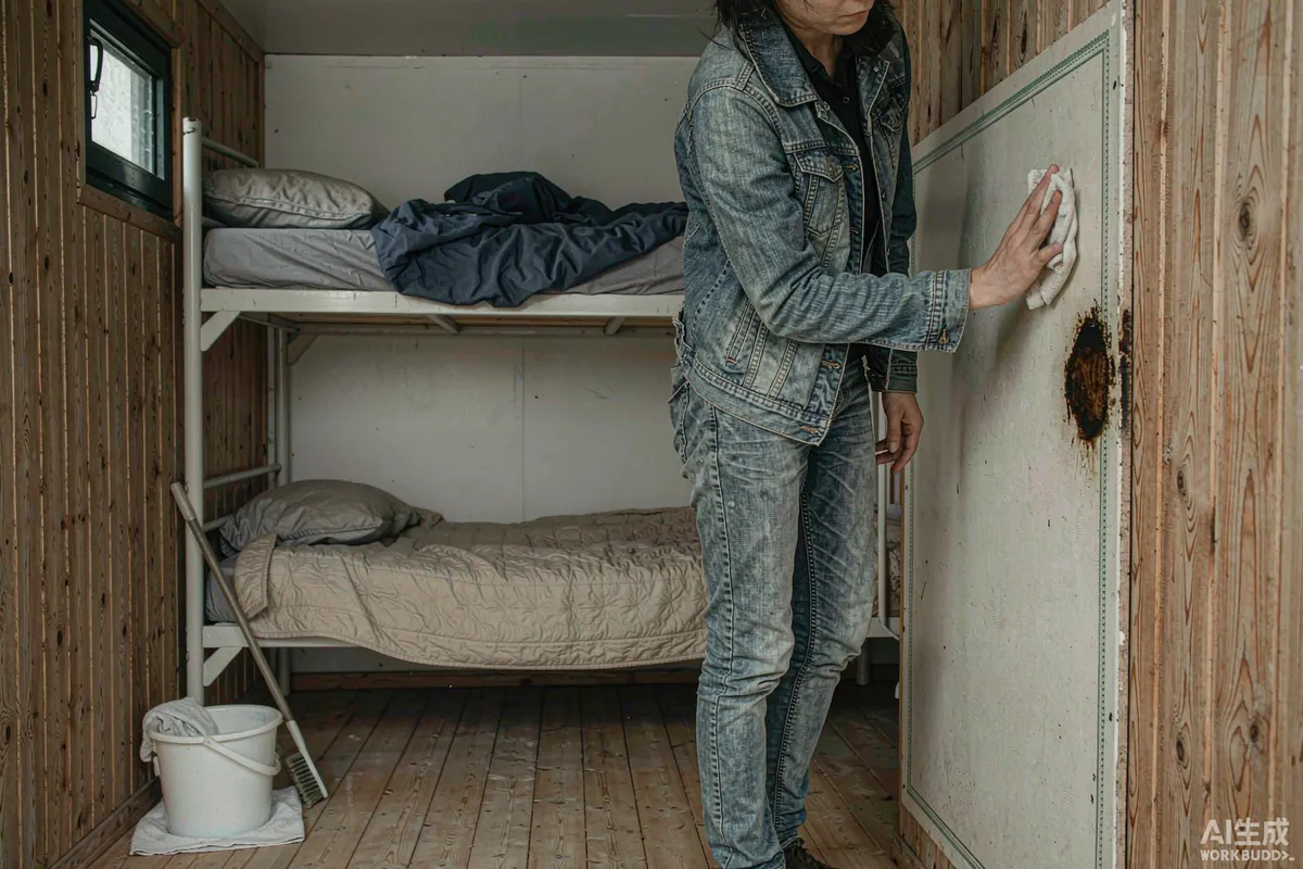 Worker wiping a scuffed wall panel inside a small rental cabin during maintenance