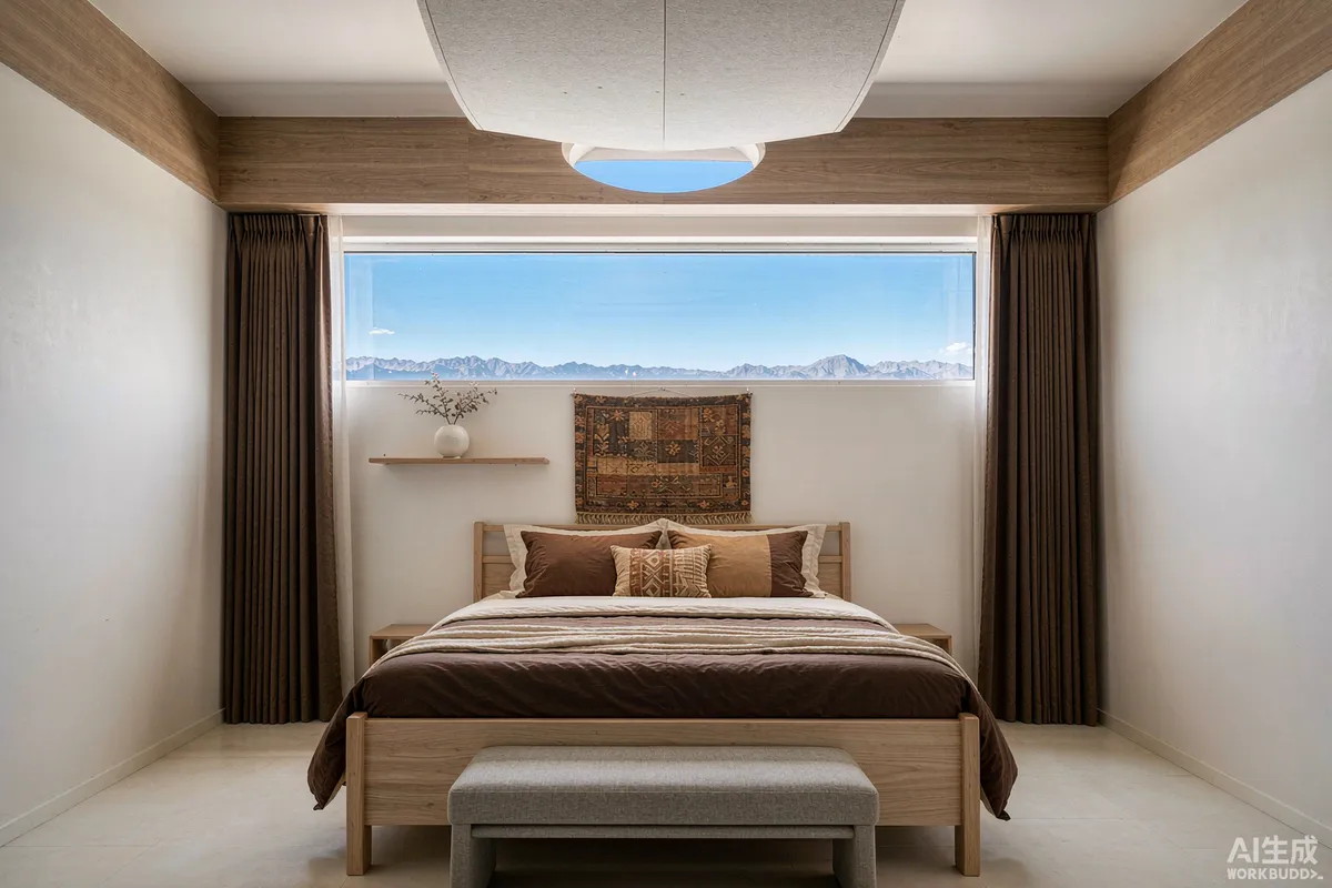 Bright capsule home interior with a bed facing a large panoramic window