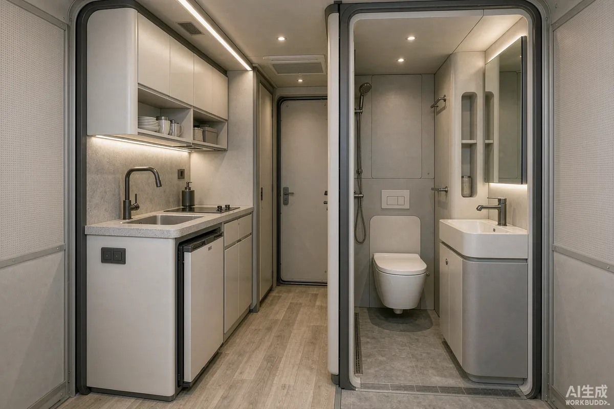 Compact kitchenette and bathroom pod inside a capsule home