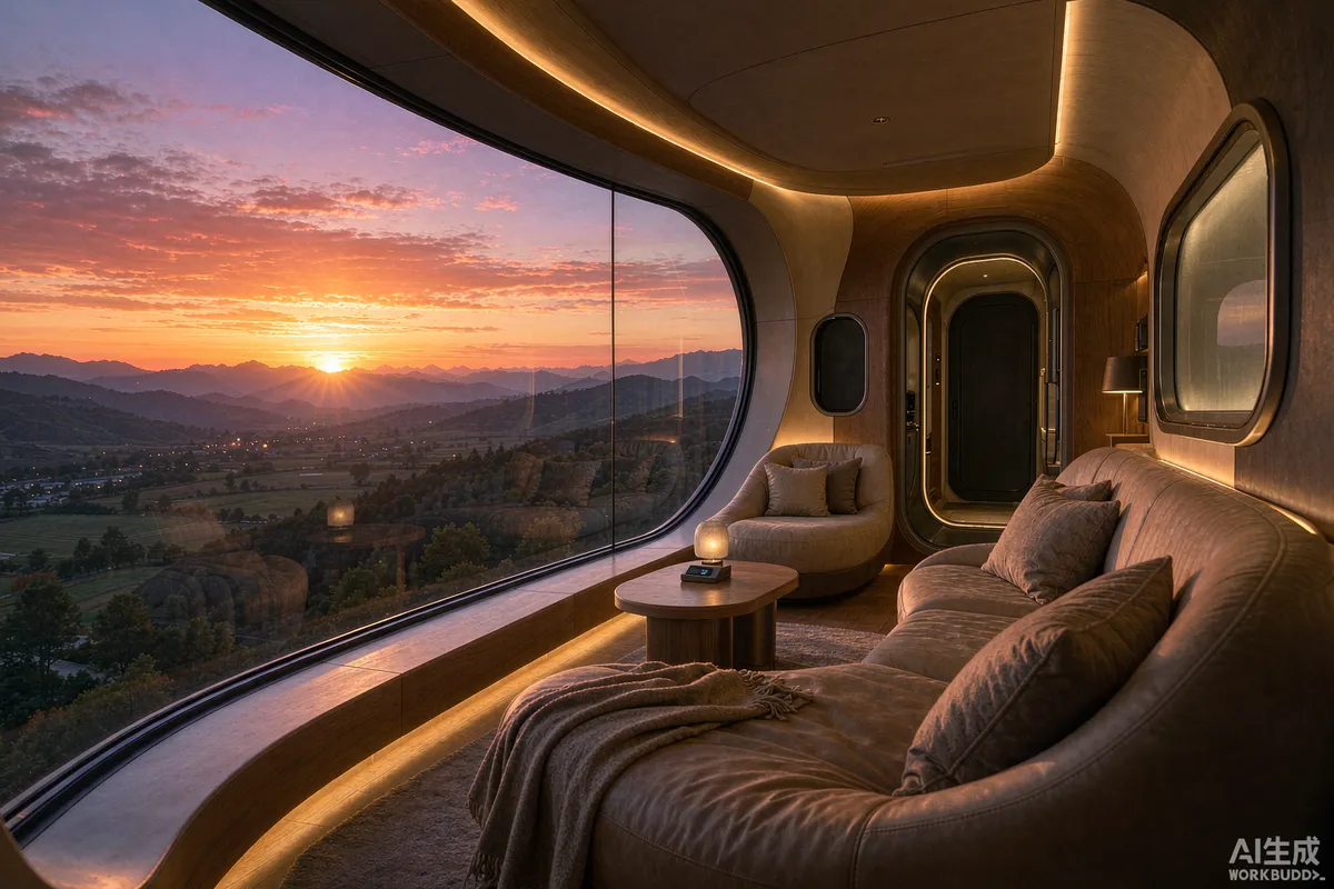 Lounge seating inside a capsule home overlooking a valley at sunset