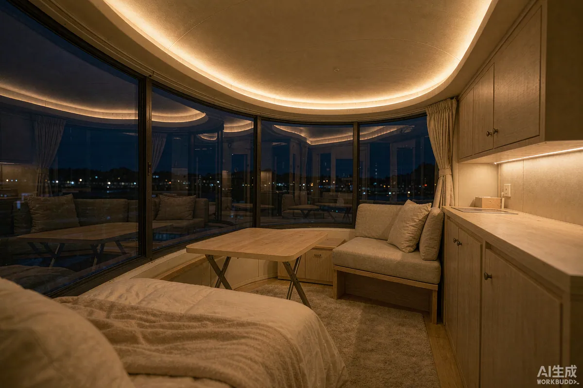 Capsule home interior at night with warm concealed cove lighting along the curved ceiling