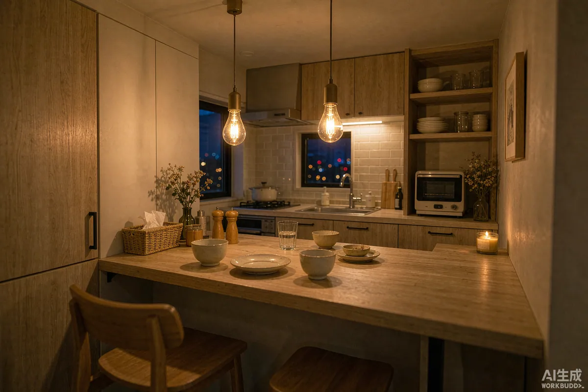 Pendant lights over a small dining counter inside a capsule home in the evening