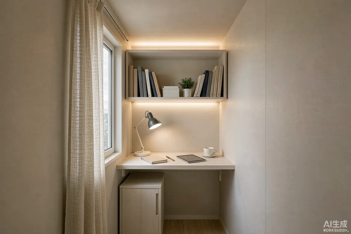 Reading light and under-shelf strip lighting above a compact desk in a capsule home