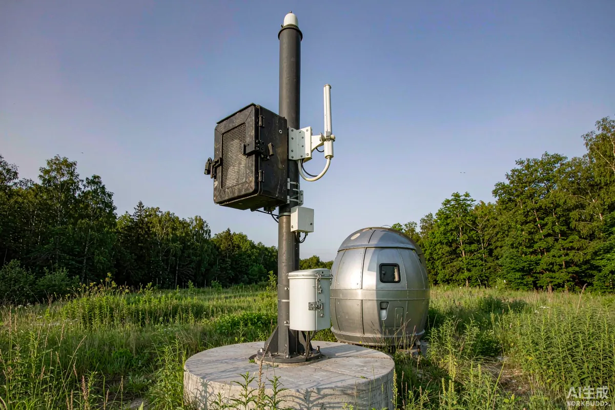 Weatherproof antenna mounted on a mast beside a capsule cabin in a forest clearing