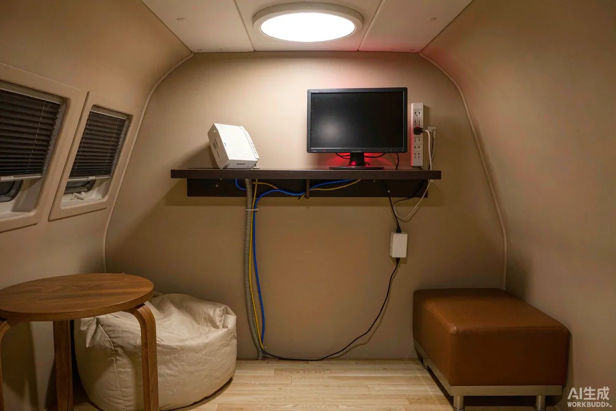 Network router and small monitor mounted on a shelf inside a capsule cabin