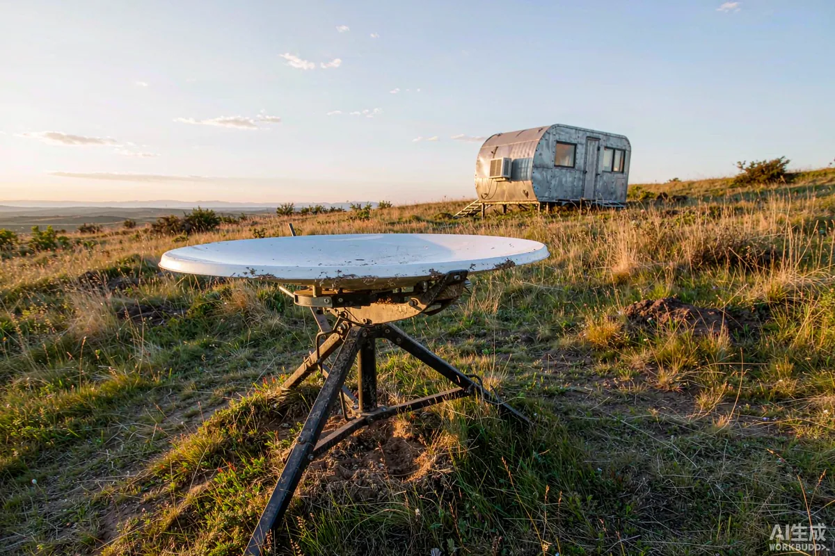 Flat satellite dish on a tripod on a grassy hillside with a capsule home in the background