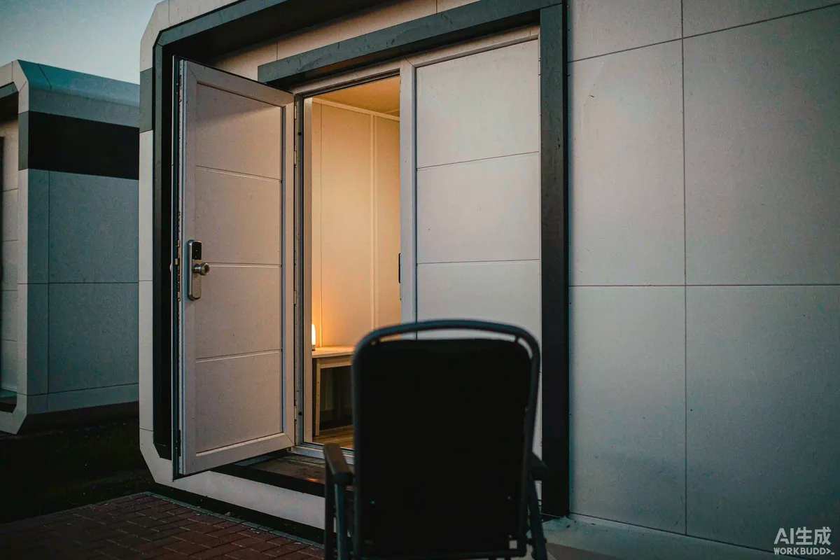 Capsule home entrance door at dusk with a keypad smart lock and warm interior light