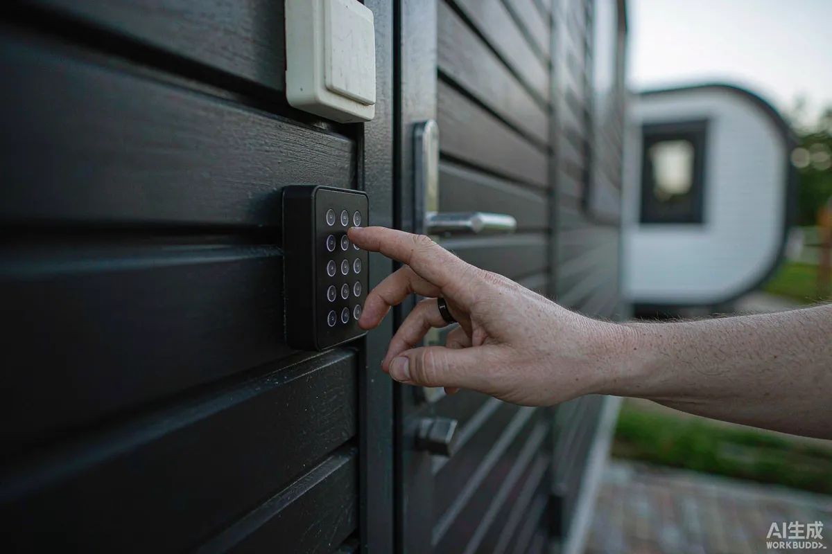 Hand entering a code on a smart lock keypad at a prefab capsule home door