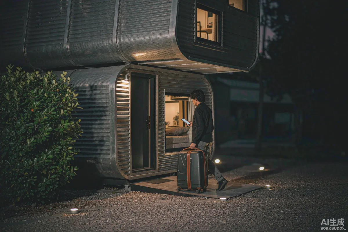 Guest arriving with luggage at a capsule home at night, phone in hand, lit path