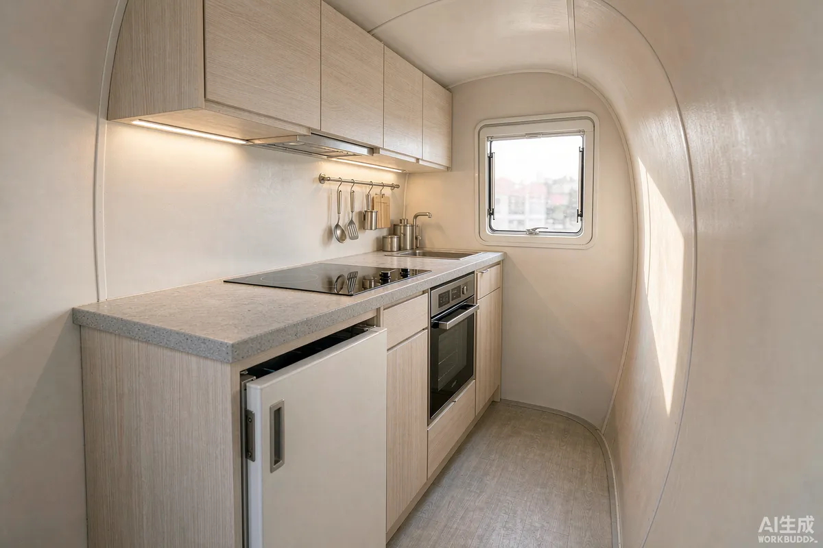 Compact galley kitchen inside a prefab space capsule home with under-counter refrigerator and overhead cabinets
