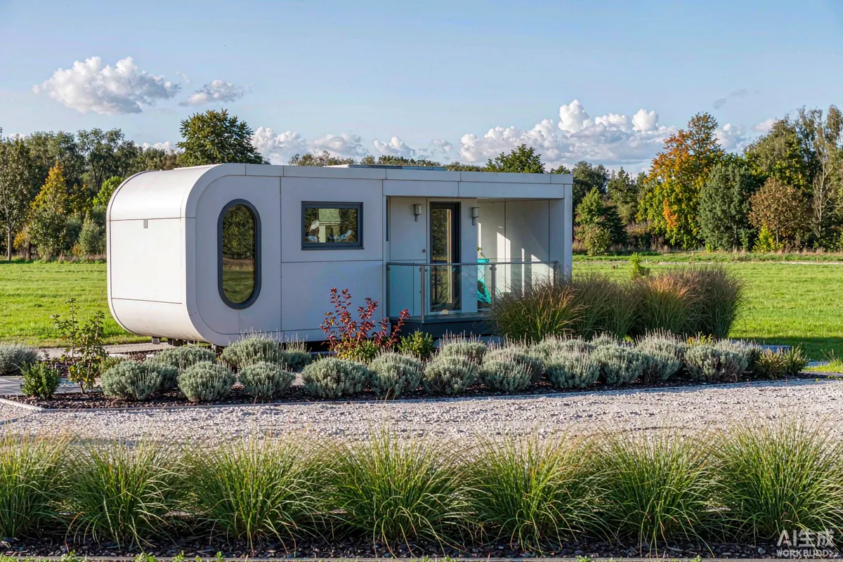 White prefab capsule home surrounded by ornamental grasses, low shrubs and a pale gravel border in summer