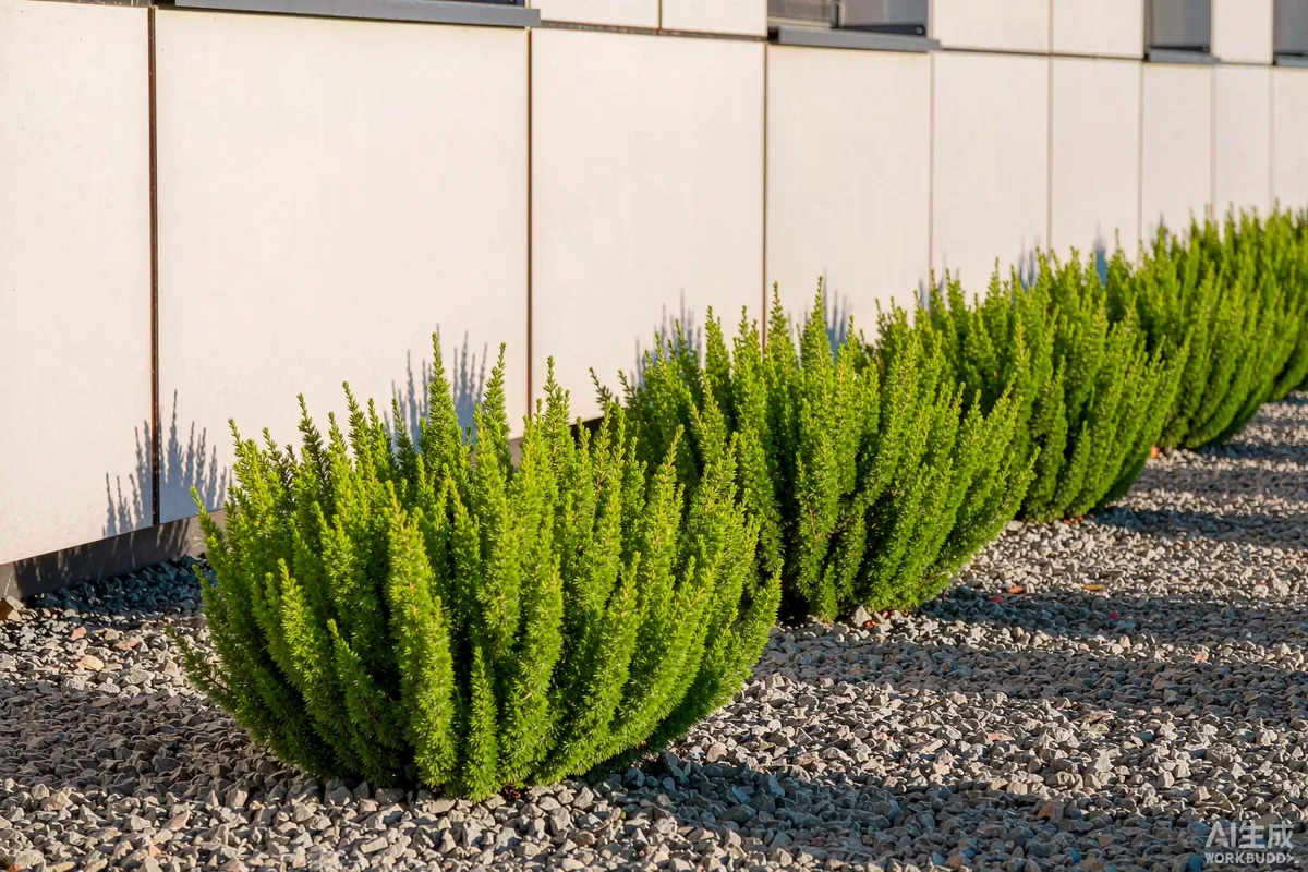 Low shrubs spaced away from a capsule home wall with gravel ground cover instead of mulch