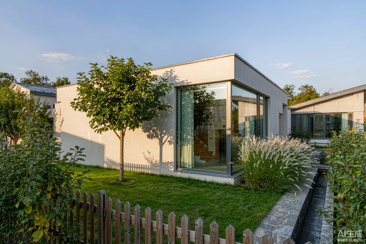Capsule home with a young tree casting shade on the glazing and a stone drainage channel