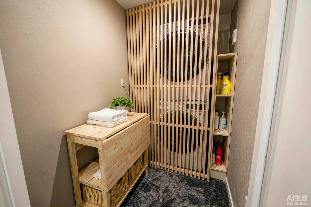 Compact laundry nook inside a capsule home with a stacked washer-dryer behind a timber slatted screen