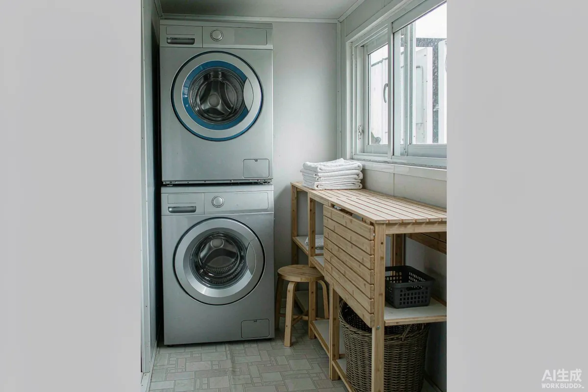 Stacked washer dryer and timber folding counter in a small prefab home laundry space