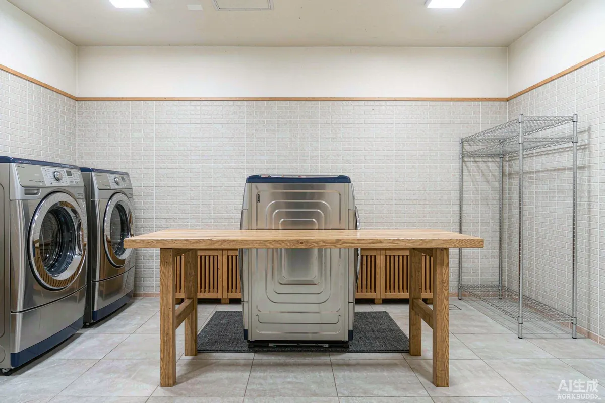 Shared laundry room at a workforce housing site with several machines and a long folding bench