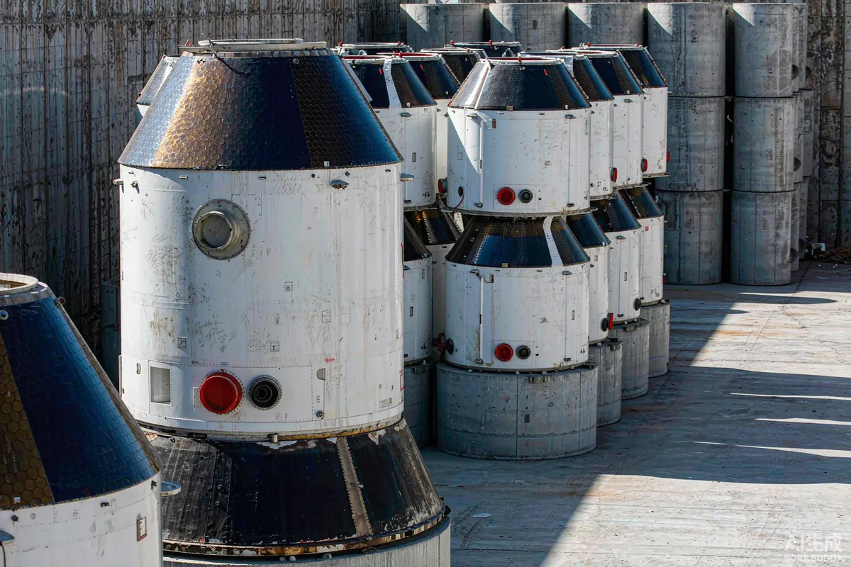 Finished space capsule modules queued in a storage yard awaiting shipment with containers beyond