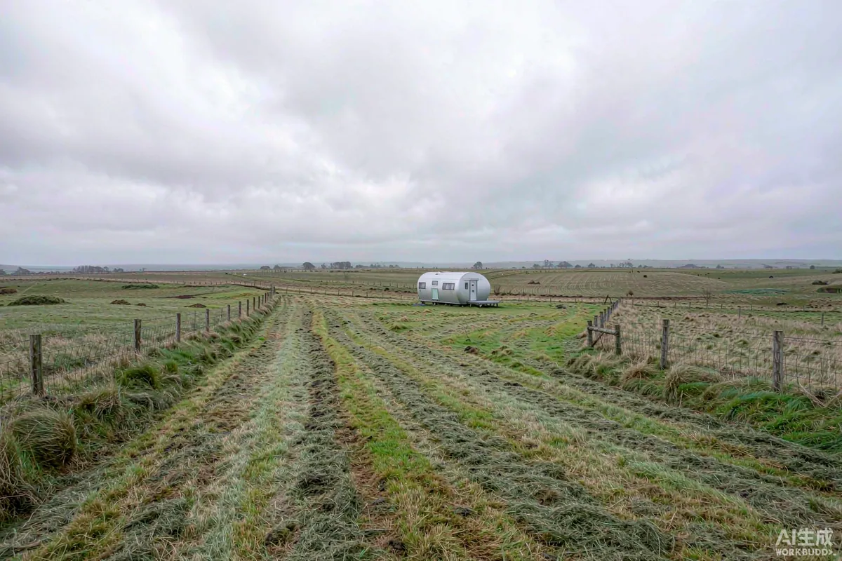 Single capsule home on a rented rural paddock with a mown access track and fence line