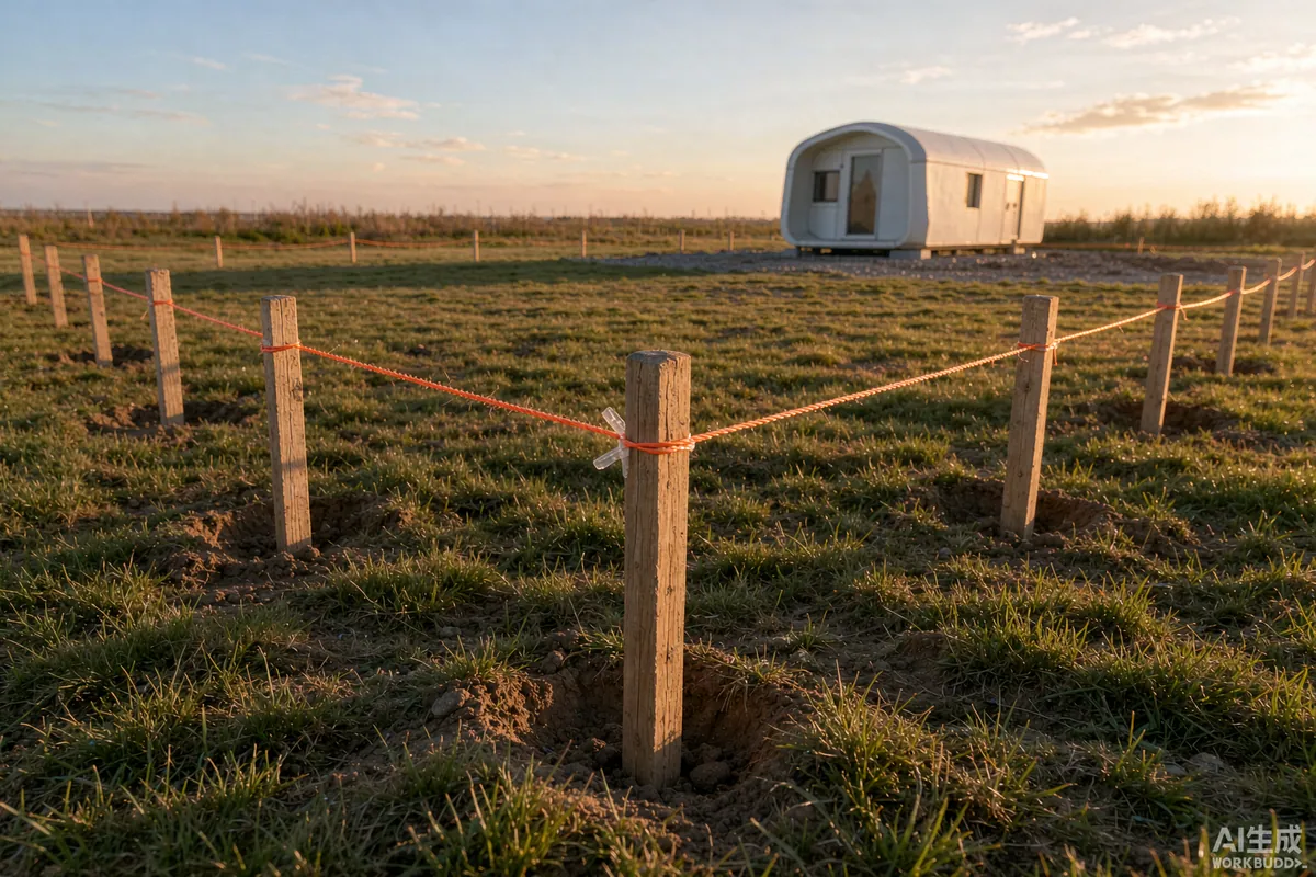 Survey stakes and string line marking a plot boundary on grass with a capsule home in the distance