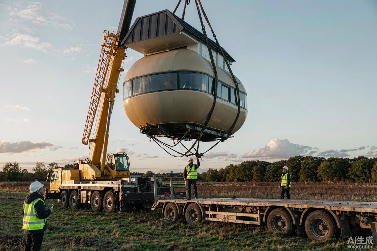 Capsule home nestled in a meadow with rooftop solar panels and a timber walkway on a summer morning
