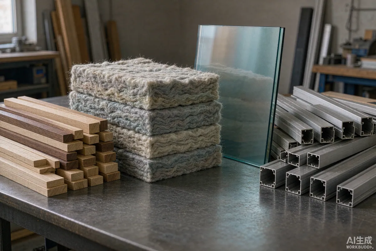 Close-up of sustainable building materials including insulation batts, timber slats and aluminium sections