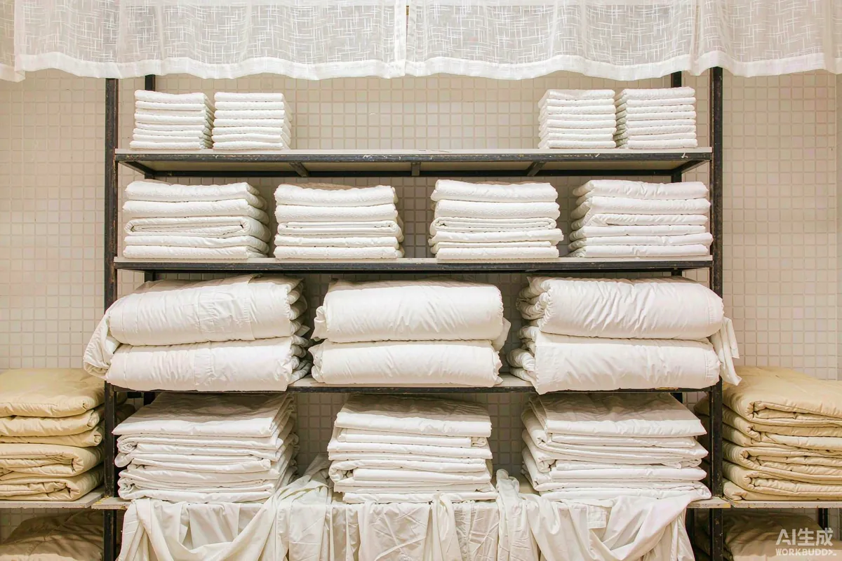 Neatly folded white towels and stacked linen sorted by size on shelving in a bright housekeeping store room