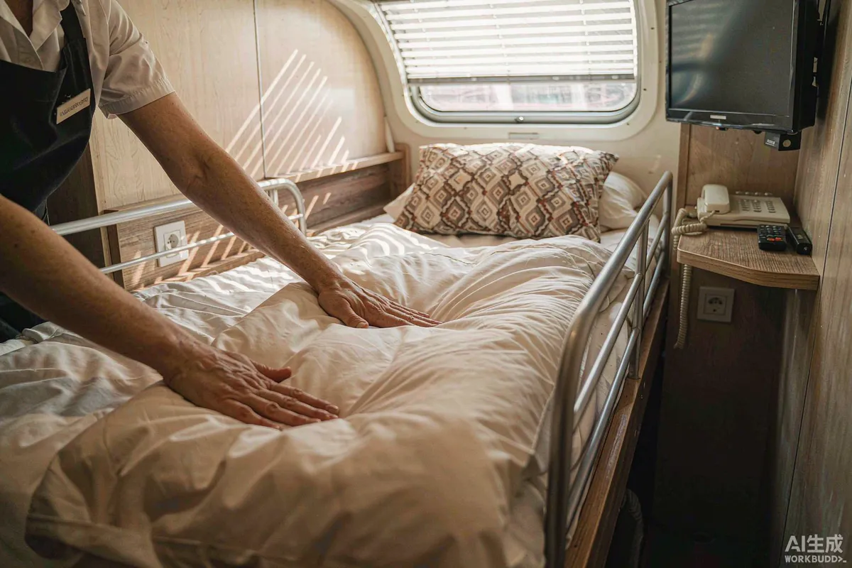 Housekeeping staff smoothing a fresh duvet in a compact capsule home bedroom with a curved window