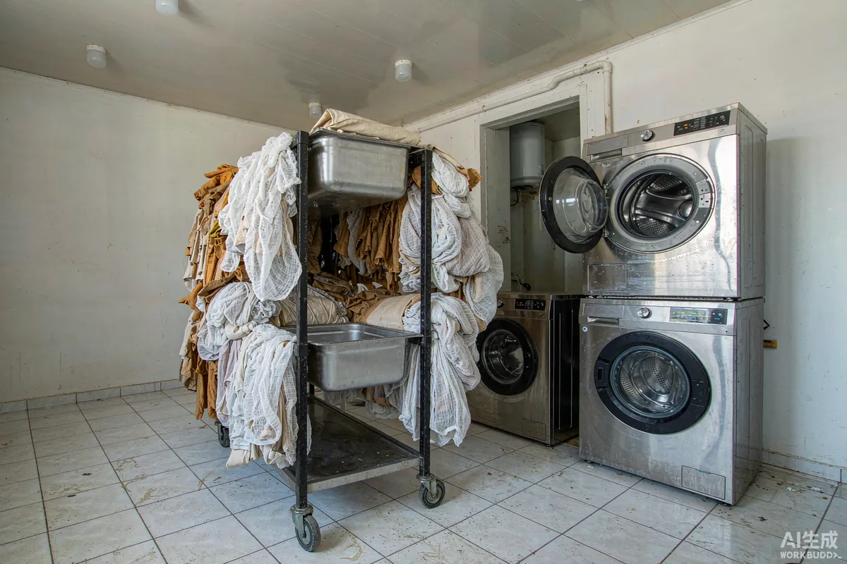 Stacked washing machines with a wheeled linen cart loaded with sorted fabric bundles in a small commercial laundry