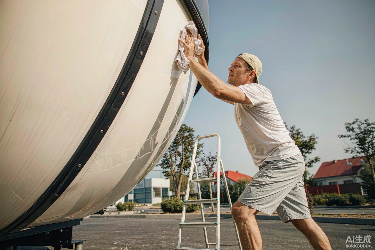 Homeowner wiping the curved exterior shell seams of a capsule home on a sunny day