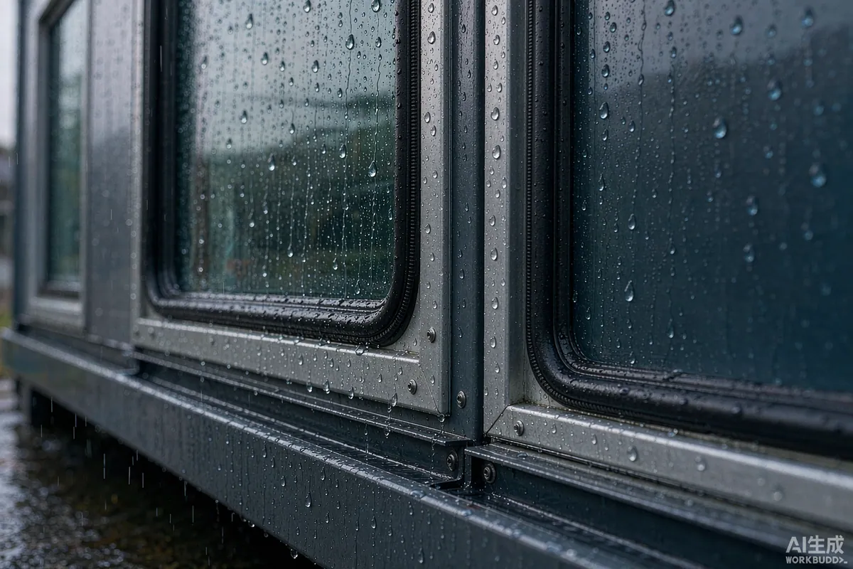 Close-up of a window gasket, door seal and drainage channel on a prefab capsule home