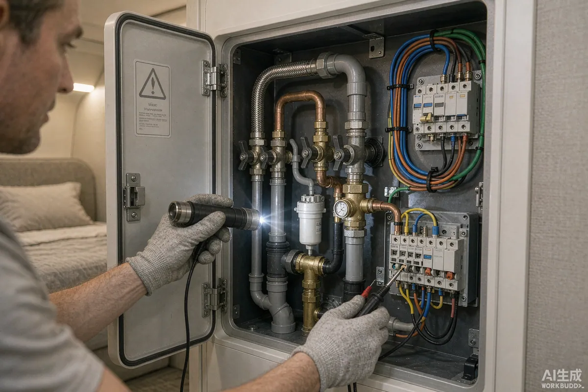 Open service panel inside a capsule home showing plumbing and electrical connections