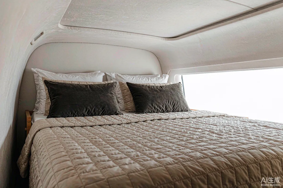 Neatly made bed with layered bedding and pillows in a space capsule home bedroom in soft daylight