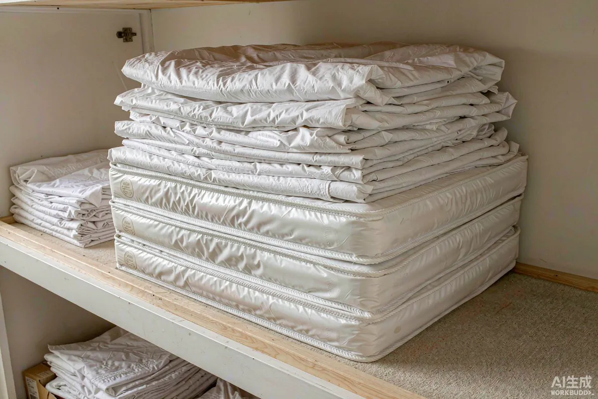 Folded stack of mattress protectors and white linen on an open shelf in a housekeeping store room