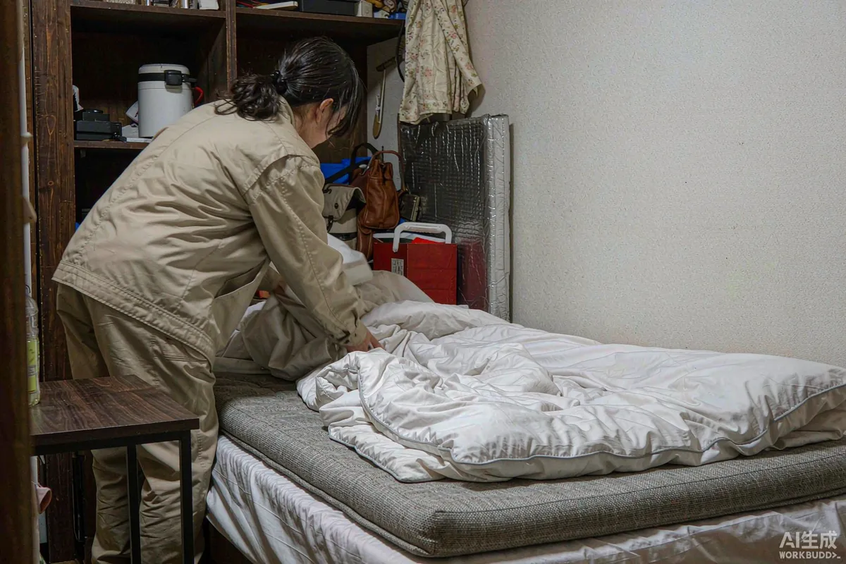 Housekeeper changing a bed in a compact capsule home bedroom