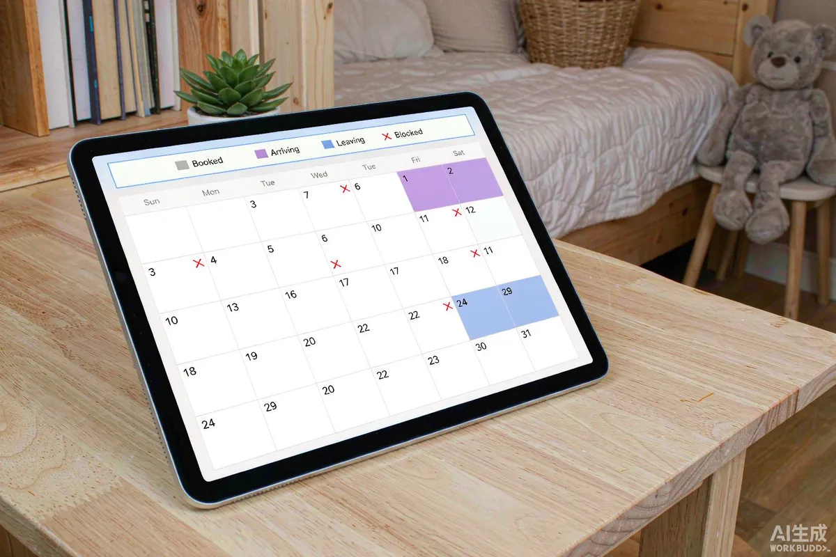 Booking calendar on a tablet showing blocked changeover days and varying stay lengths for a capsule home rental