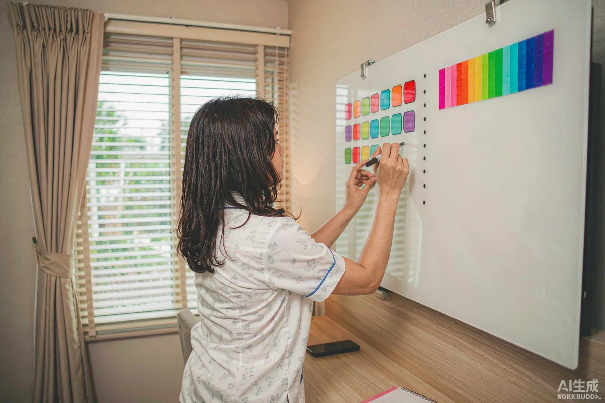 Housekeeper planning a changeover schedule on a whiteboard with unit numbers and checkout times