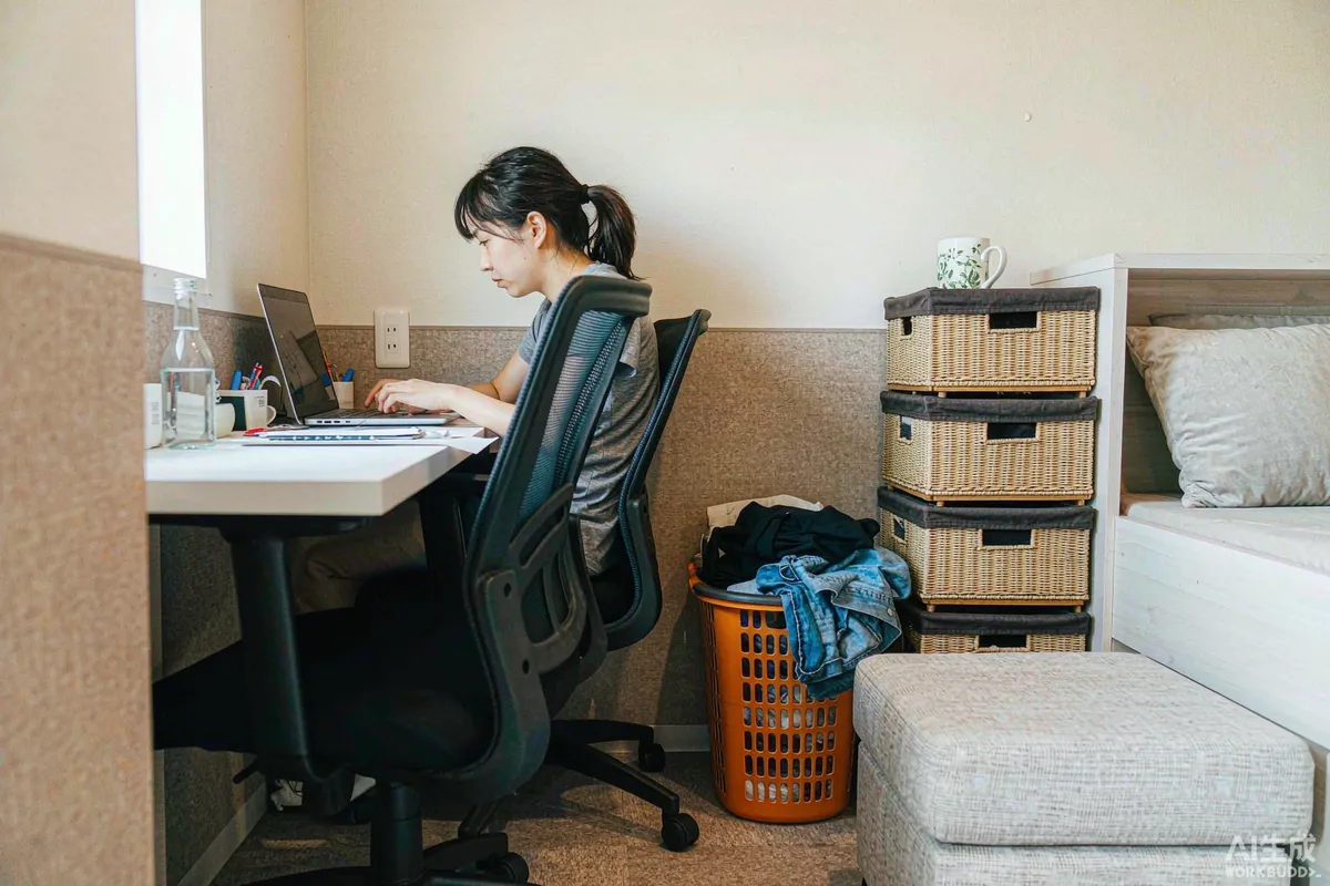 Long-stay guest working at a small desk inside a capsule home with laundry basket and storage drawers visible