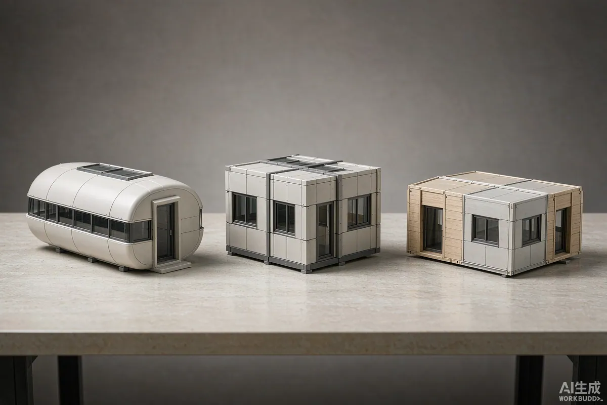 Row of small building models comparing a curved capsule unit, a boxy modular unit and a flat pack cabin