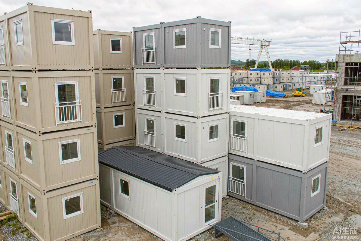 Modular building units stacked and staged in a storage yard with a crane in the distance