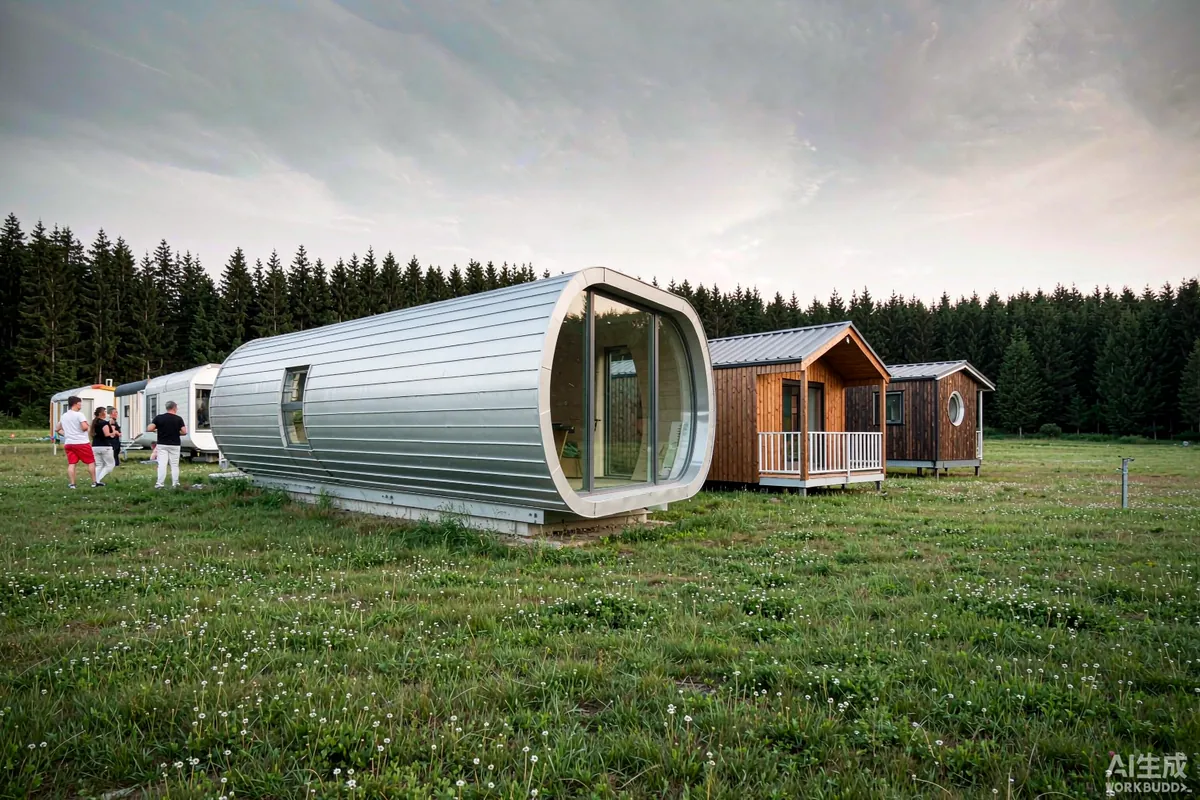 Lineup of prefab dwelling types on a grass field with a curved capsule unit in front