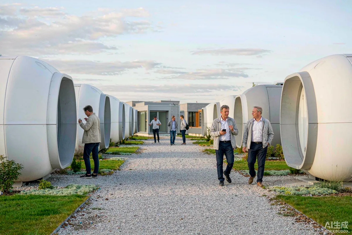 Small open-day gathering at a capsule home park site with visitors walking along a gravel path between units